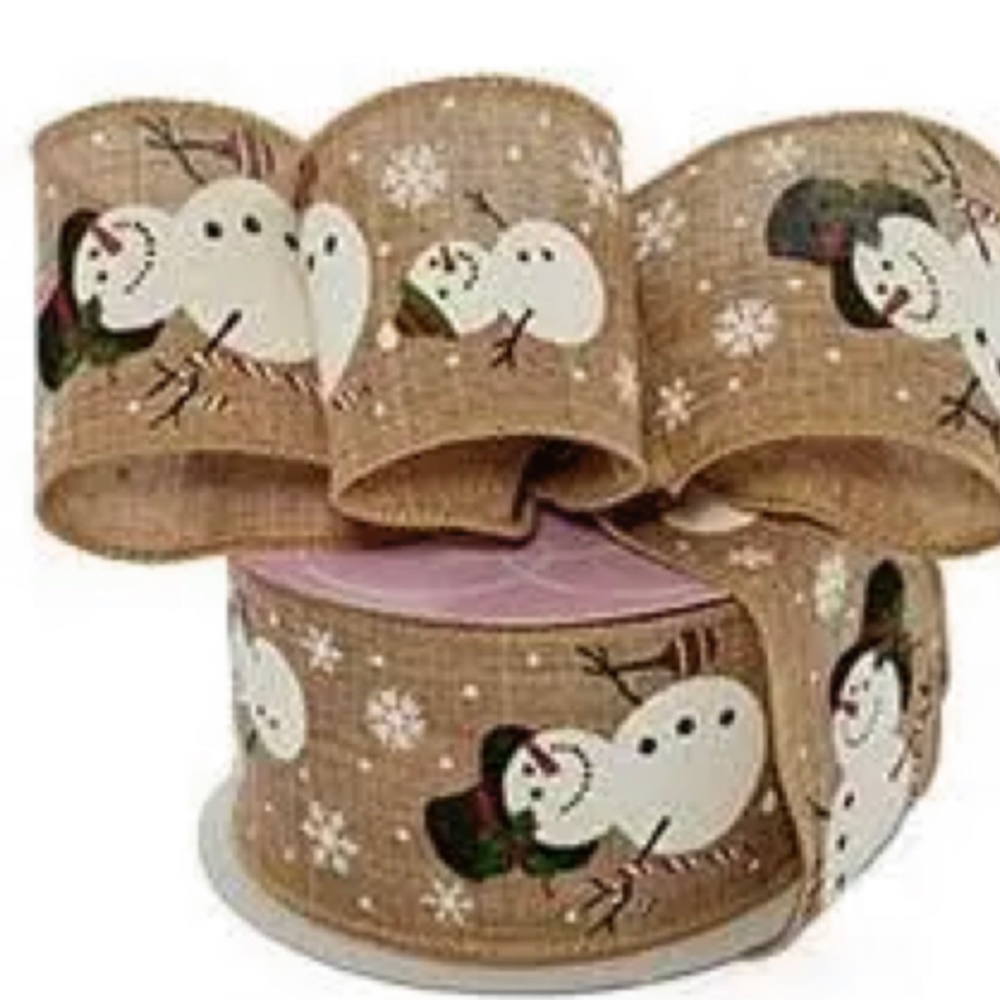 2.5” Wired Snowman Ribbon, Christmas Ribbon, Snowman on Natural ribbon